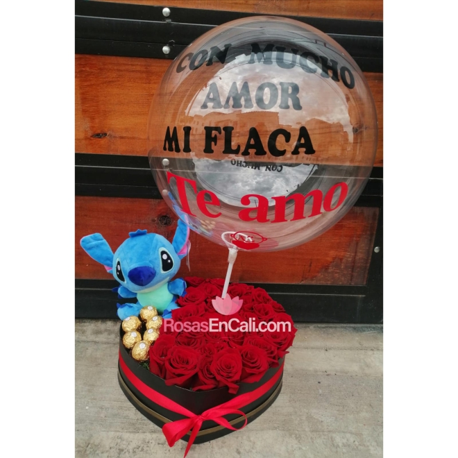 Corazón stich, chocolates y globo en cali